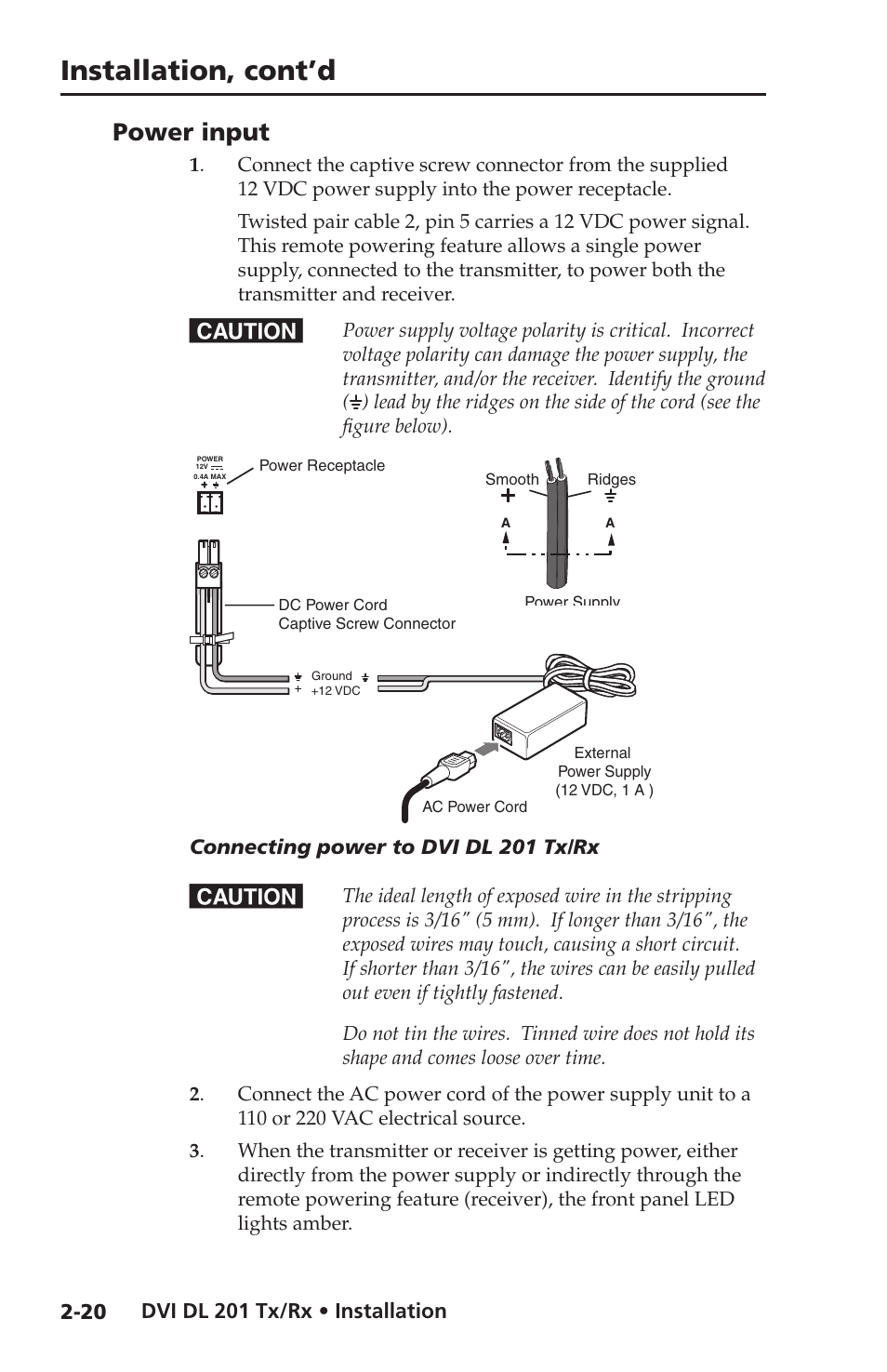Power input, Installation, cont’d | Extron electronic Dual Link DVI Transmitter and Receiver DVI DL 201 Tx User Manual | Page 32 / 48