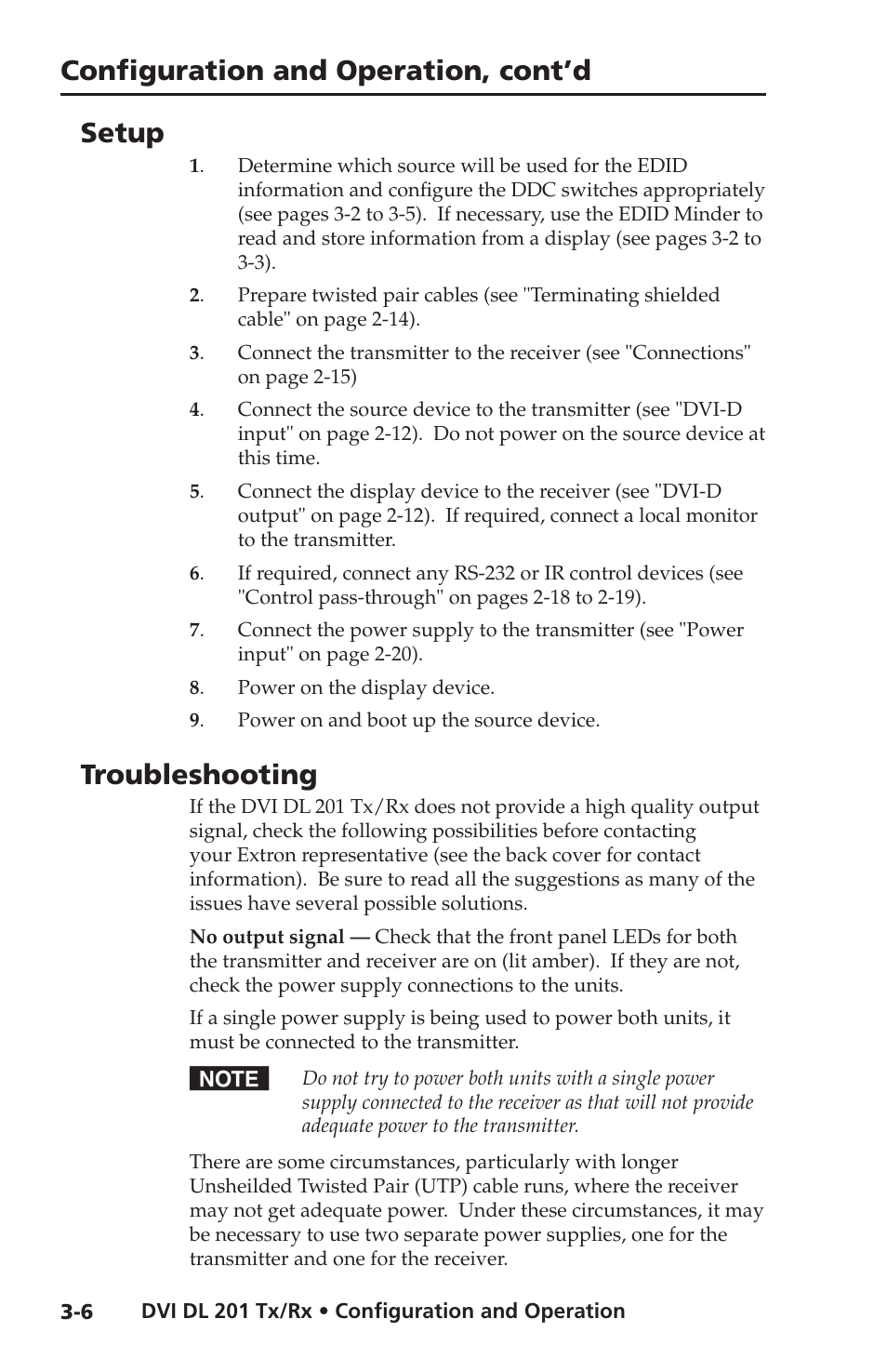 Setup, Configuration and operation, cont’d, Troubleshooting | Extron electronic Dual Link DVI Transmitter and Receiver DVI DL 201 Tx User Manual | Page 38 / 48