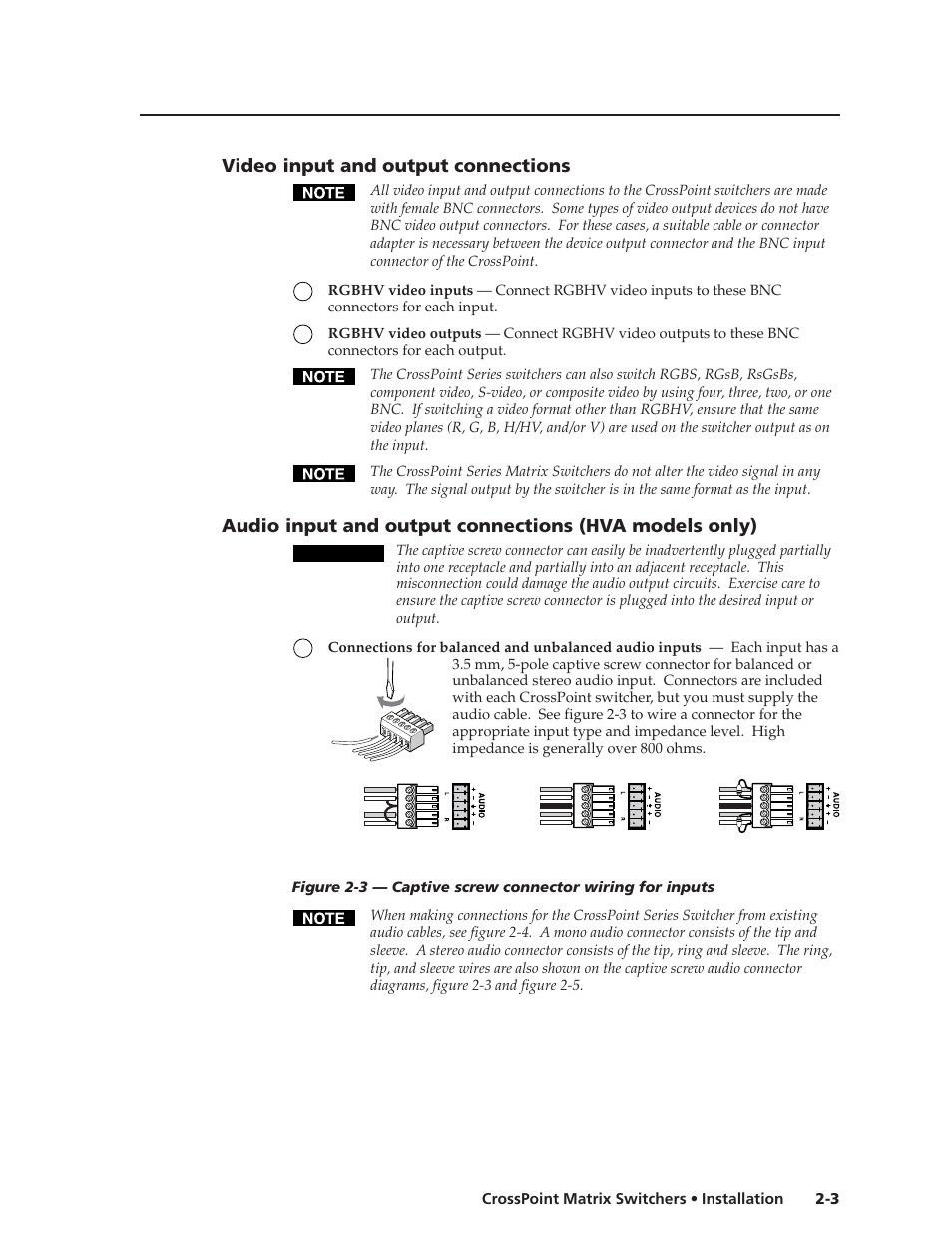 Video input and output connections, 3 crosspoint matrix switchers • installation, Caution | Extron Electronics HVA User Manual | Page 15 / 70