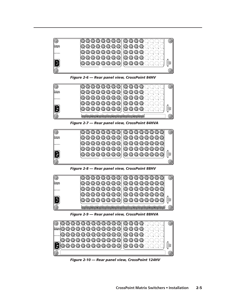 5 crosspoint matrix switchers • installation, Figure 2-6 — rear panel view, crosspoint 84hv, Figure 2-7 — rear panel view, crosspoint 84hva | Figure 2-8 — rear panel view, crosspoint 88hv, Figure 2-9 — rear panel view, crosspoint 88hva | Extron Electronics HVA User Manual | Page 17 / 70