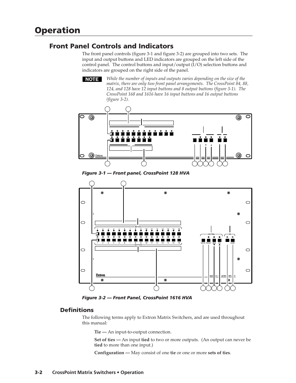 Operation, Operation, cont’d, Front panel controls and indicators | Definitions, Crosspoint matrix switchers • operation 3-2 | Extron Electronics HVA User Manual | Page 22 / 70
