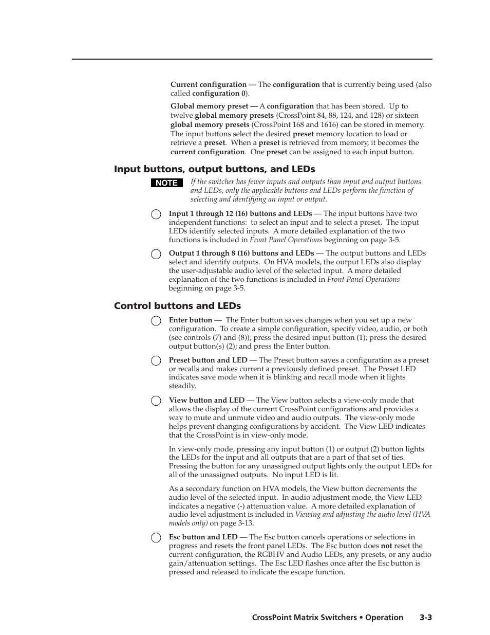 Input buttons, output buttons, and leds, Control buttons and leds | Extron Electronics HVA User Manual | Page 23 / 70