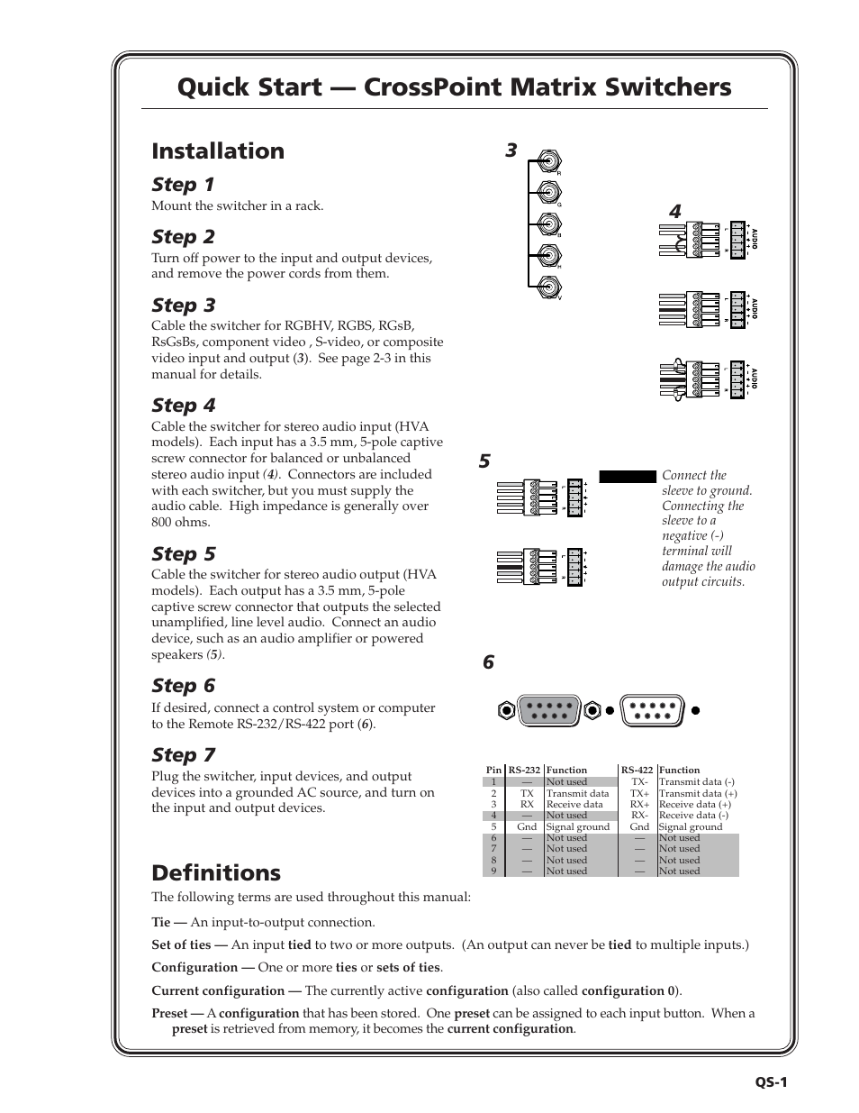 Quick start — crosspoint matrix switchers, Installation, Definitions | Step 1, Step 2, Step 3, Step 4, Step 5, Step 6, Step 7 | Extron Electronics HVA User Manual | Page 3 / 70