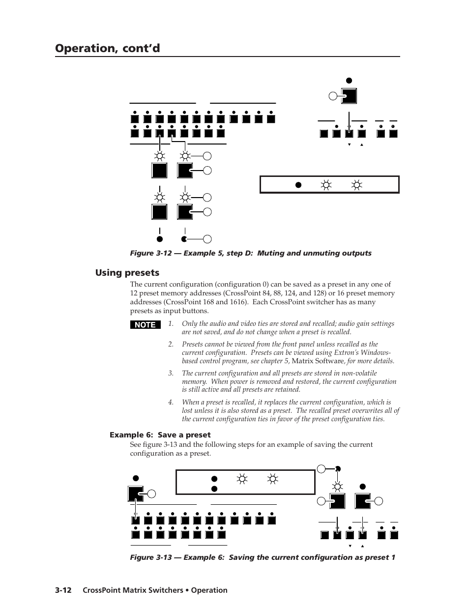 Operation, cont’d, Using presets, Crosspoint matrix switchers • operation 3-12 | Example 6: save a preset | Extron Electronics HVA User Manual | Page 32 / 70