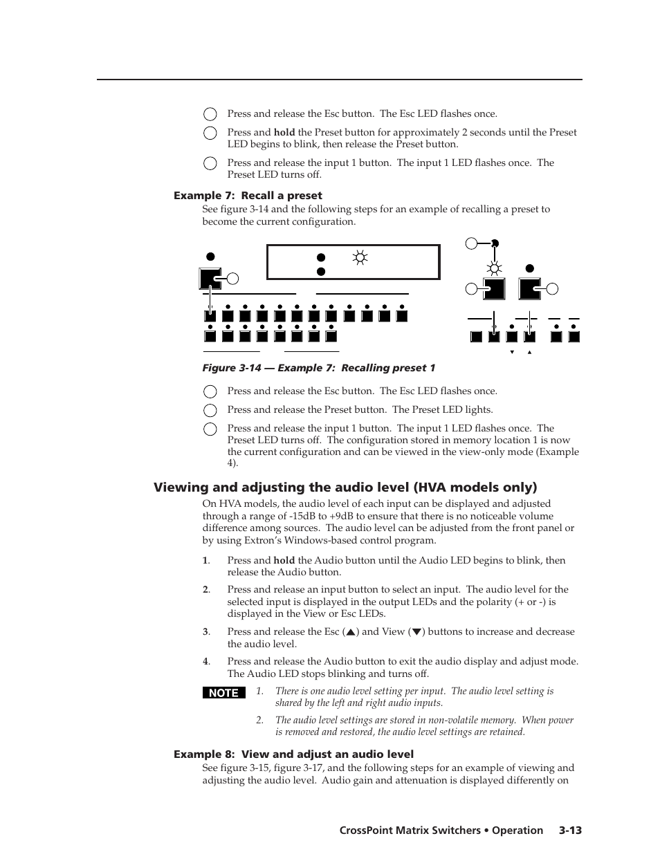 13 crosspoint matrix switchers • operation, Example 7: recall a preset, Example 8: view and adjust an audio level | Extron Electronics HVA User Manual | Page 33 / 70