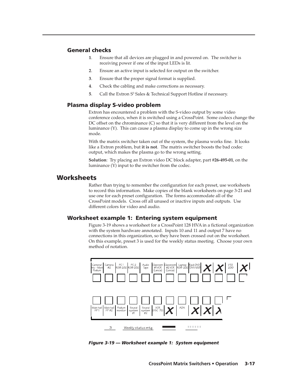 Worksheets, General checks, Plasma display s-video problem | Worksheet example 1: entering system equipment | Extron Electronics HVA User Manual | Page 37 / 70