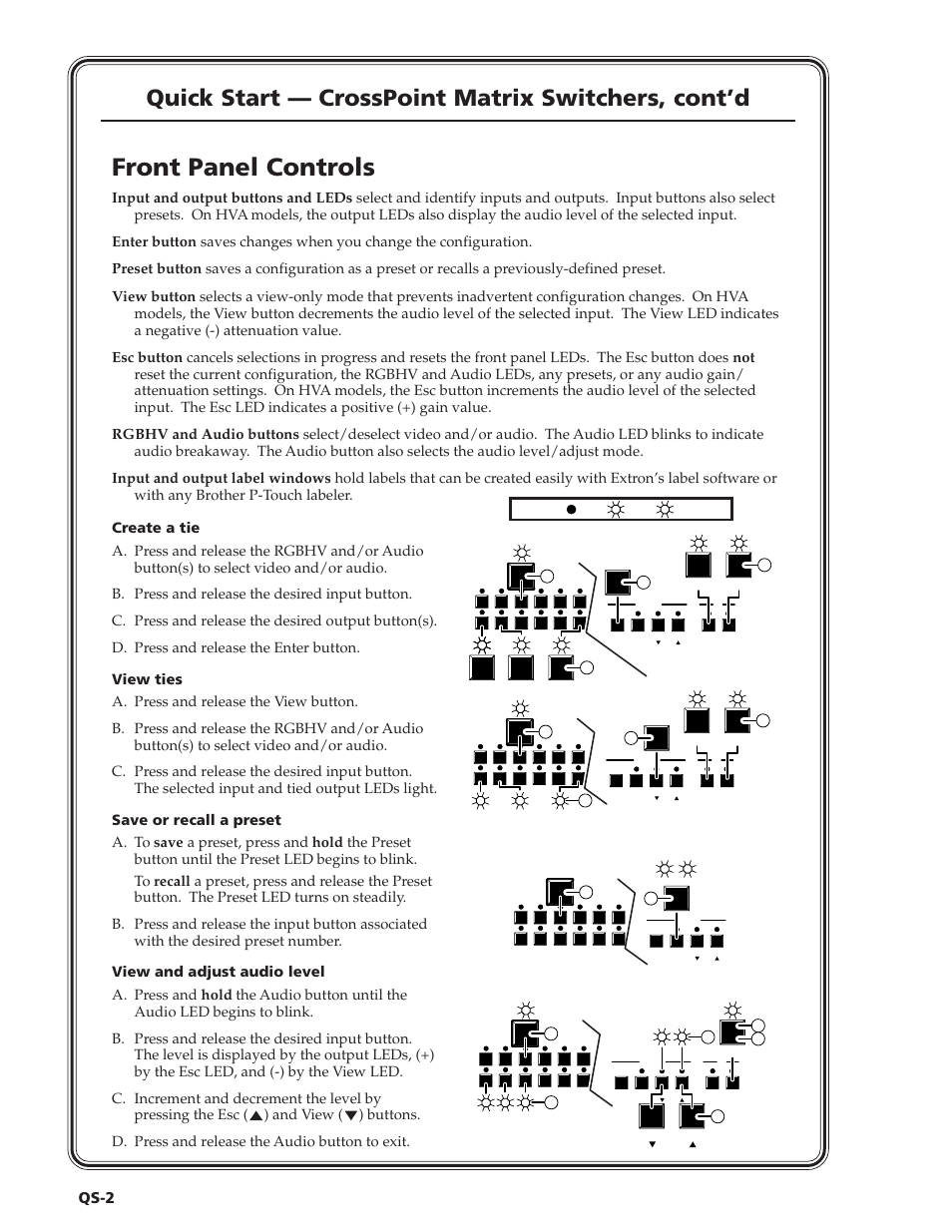 Front panel controls, Quick start — crosspoint matrix switchers, cont’d, Qs-2 | Extron Electronics HVA User Manual | Page 4 / 70