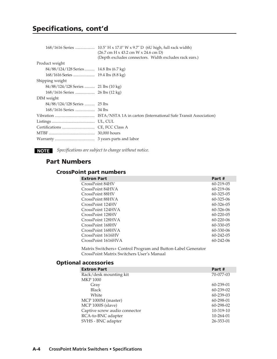 Specifications, cont’d, Part numbers, Crosspoint part numbers | Optional accessories | Extron Electronics HVA User Manual | Page 58 / 70