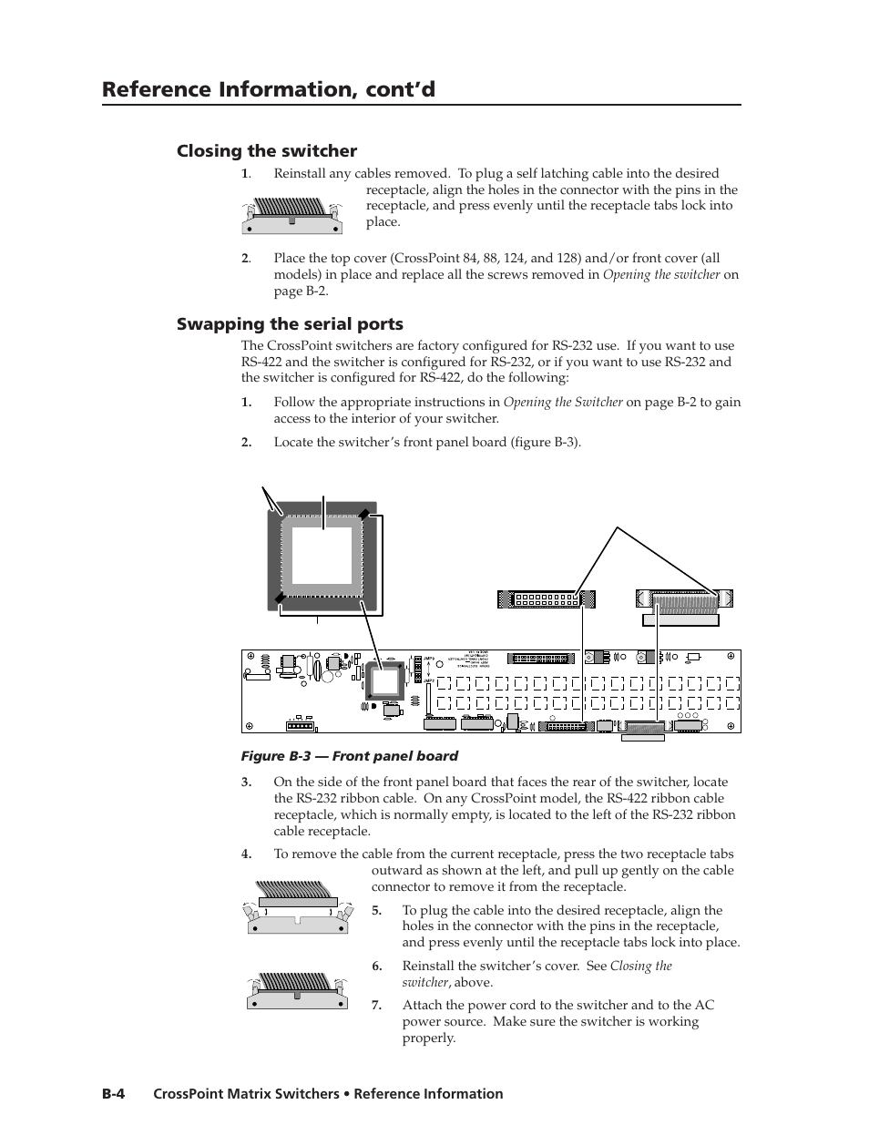 Reference information, cont’d, Closing the switcher, Swapping the serial ports | Extron Electronics HVA User Manual | Page 64 / 70