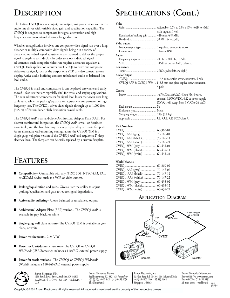 Cont.) f, Escription, Pecifications | Eatures | Extron electronic CVEQ1 WM User Manual | Page 2 / 2