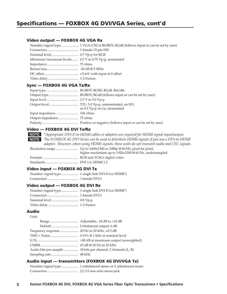 Specifications — foxbox 4g dvi/vga series, cont’d | Extron electronic Fiber Optic Transceivers FOXBOX 4G DVI User Manual | Page 2 / 3