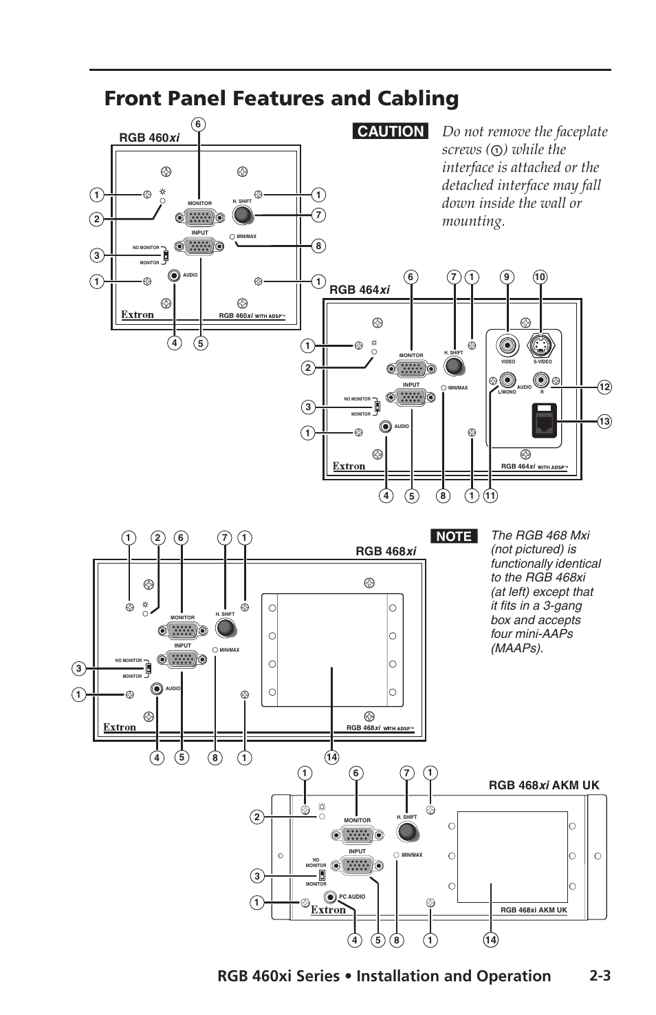Front panel features and cabling, Rgb 460xi series • installation and operation, Rgb 460 xi | Rgb 464 xi, Rgb 468 xi, Rgb 468 xi akm uk | Extron electronic Wall and Floor Box Mountable Interfaces RGB 468 Mxi User Manual | Page 13 / 36
