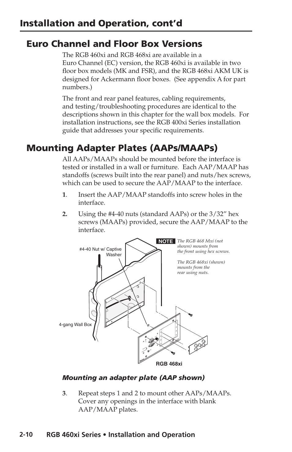 Euro channel and floor box versions, Mounting adapter plates (aaps/maaps), Installation and operation, cont’d | Rgb 460xi series • installation and operation, Mounting an adapter plate (aap shown) | Extron electronic Wall and Floor Box Mountable Interfaces RGB 468 Mxi User Manual | Page 20 / 36