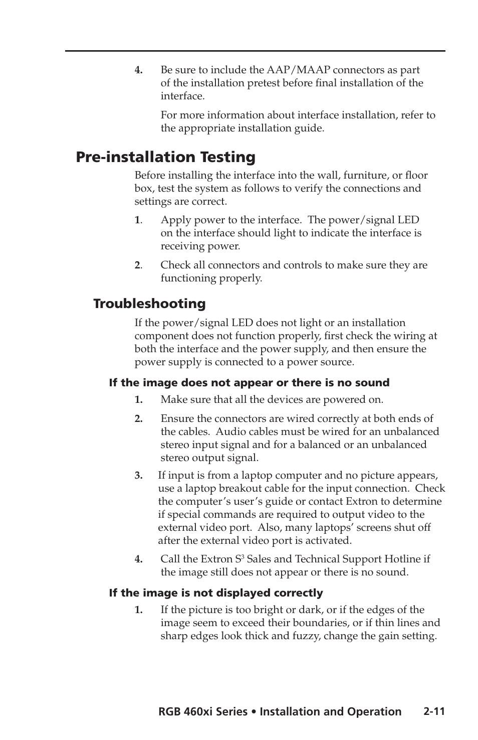 Pre-installation testing, Troubleshooting | Extron electronic Wall and Floor Box Mountable Interfaces RGB 468 Mxi User Manual | Page 21 / 36