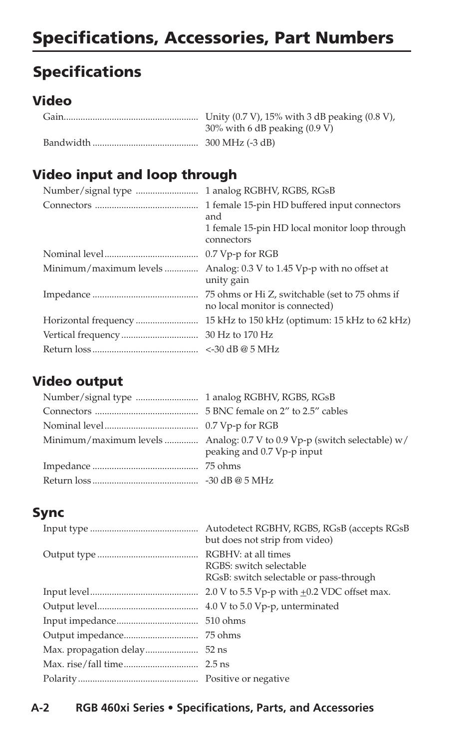 Specifications, Specifications, accessories, part numbers, Video | Video input and loop through, Video output, Sync | Extron electronic Wall and Floor Box Mountable Interfaces RGB 468 Mxi User Manual | Page 26 / 36