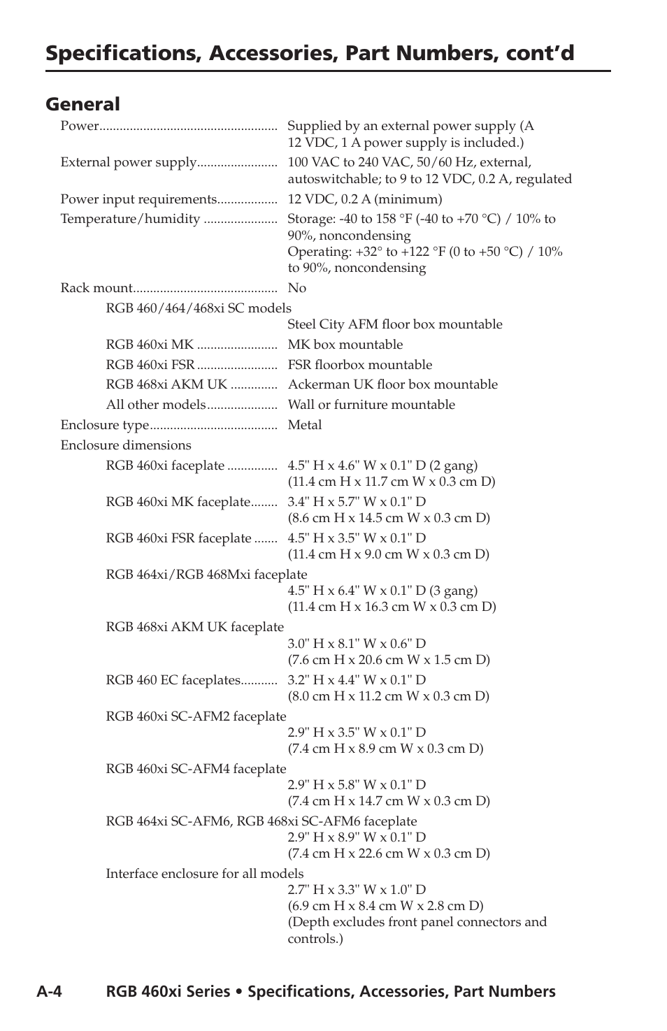 Specifications, accessories, part numbers, cont’d, General | Extron electronic Wall and Floor Box Mountable Interfaces RGB 468 Mxi User Manual | Page 28 / 36