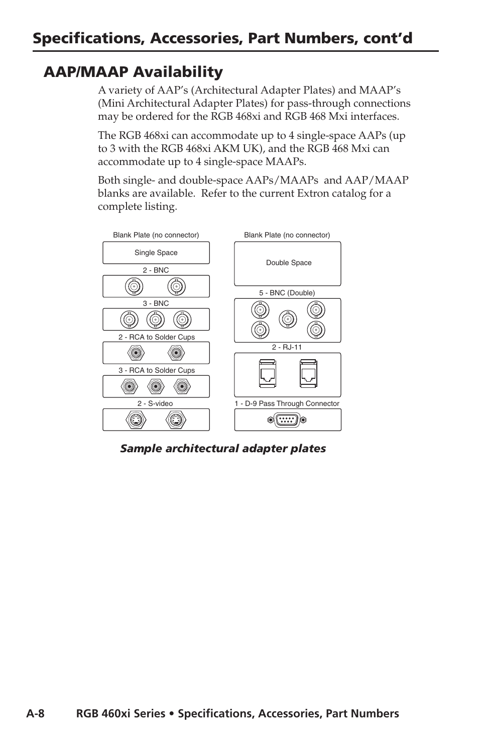 Aap/maap availability, Specifications, accessories, part numbers, cont’d, Sample architectural adapter plates | Extron electronic Wall and Floor Box Mountable Interfaces RGB 468 Mxi User Manual | Page 32 / 36