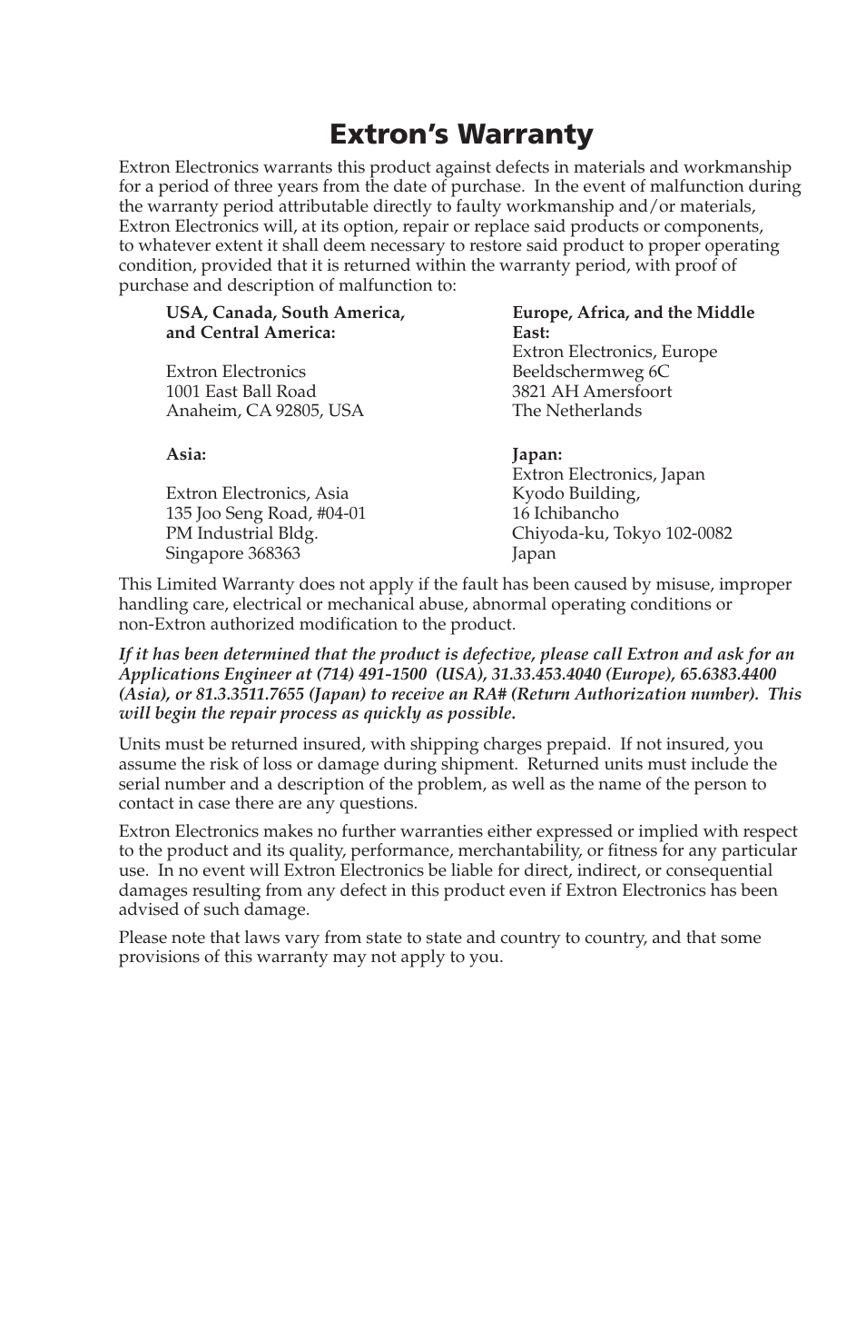 Extron’s warranty | Extron electronic Wall and Floor Box Mountable Interfaces RGB 468 Mxi User Manual | Page 35 / 36