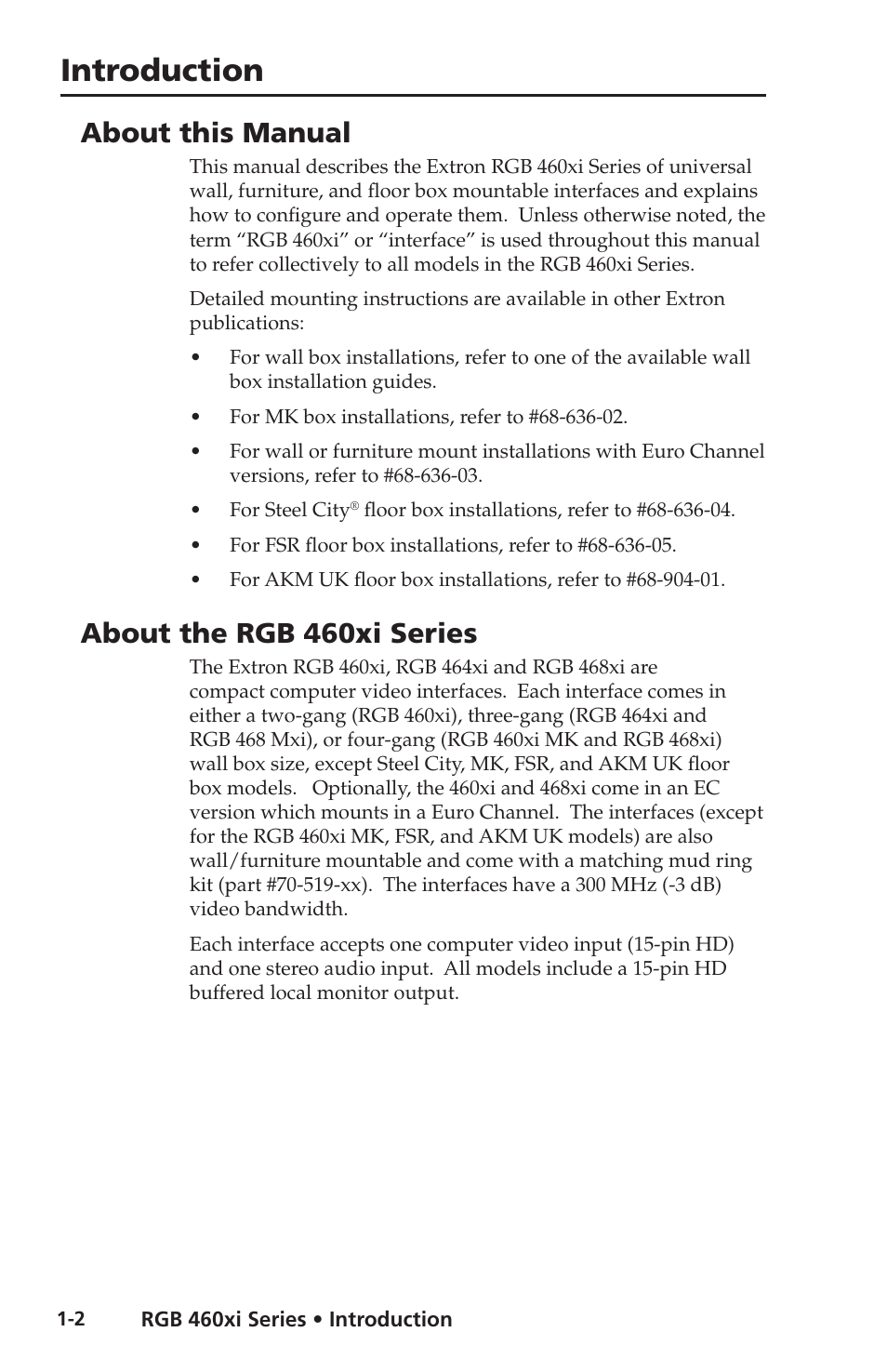 About this manual, About the rgb 460xi series, Introduction | Extron electronic Wall and Floor Box Mountable Interfaces RGB 468 Mxi User Manual | Page 8 / 36