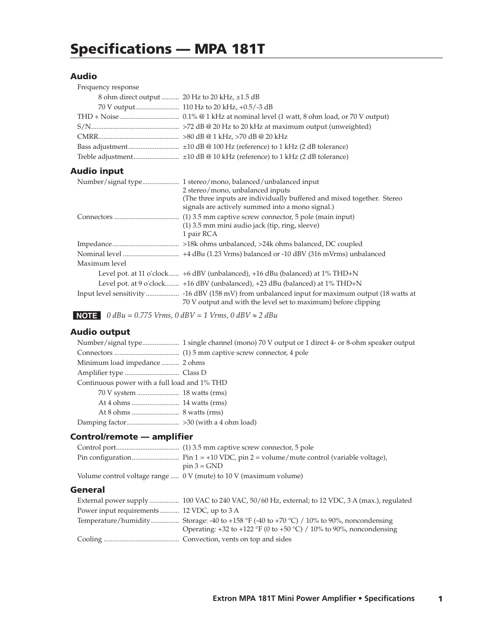 Extron electronic MPA 181T User Manual | 2 pages