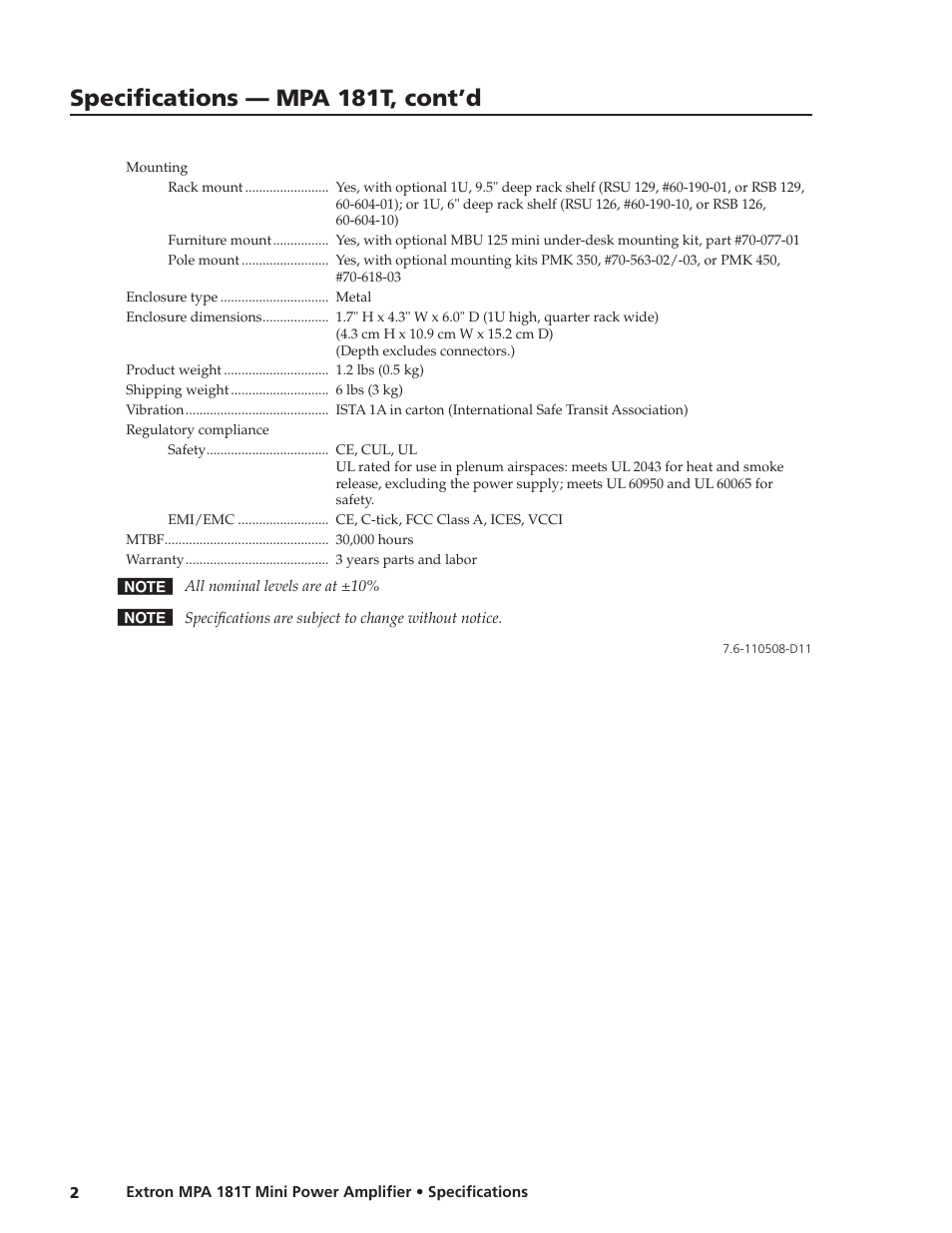 Specifications — mpa 181t, cont’d | Extron electronic MPA 181T User Manual | Page 2 / 2