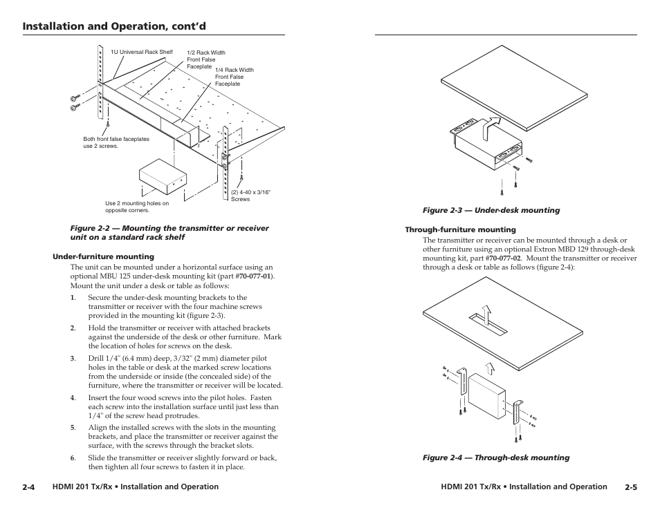 Under-furniture mounting, Through-furniture mounting, Installation and operation, cont’d | Extron electronic Digital Video Transmitter and Receiver HDMI 201 Tx/Rx User Manual | Page 10 / 28