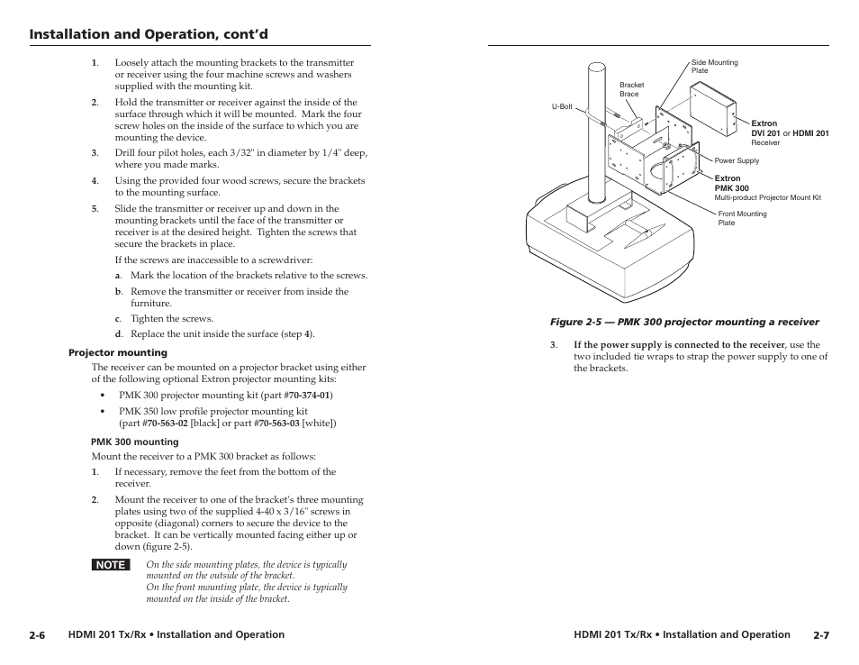 Projector mounting, Projector mounting -6, Installation and operation, cont’d | Extron electronic Digital Video Transmitter and Receiver HDMI 201 Tx/Rx User Manual | Page 11 / 28