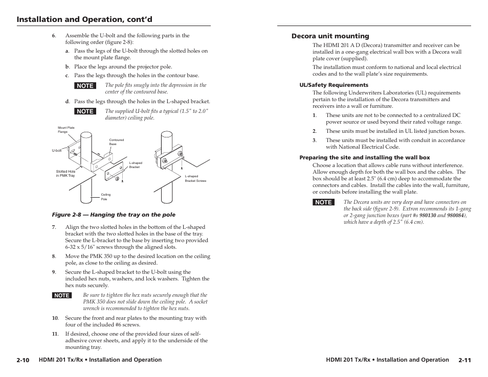 Decora unit mounting, Ul/safety requirements, Preparing the site and installing the wall box | Decora unit mounting -11, Installation and operation, cont’d | Extron electronic Digital Video Transmitter and Receiver HDMI 201 Tx/Rx User Manual | Page 13 / 28