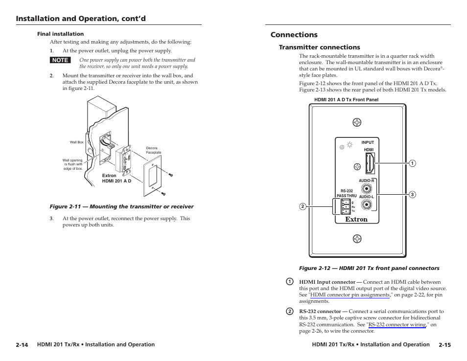 Final installation, Connections, Transmitter connections | Final installation -14, Transmitter connections -15, Installation and operation, cont’d | Extron electronic Digital Video Transmitter and Receiver HDMI 201 Tx/Rx User Manual | Page 15 / 28