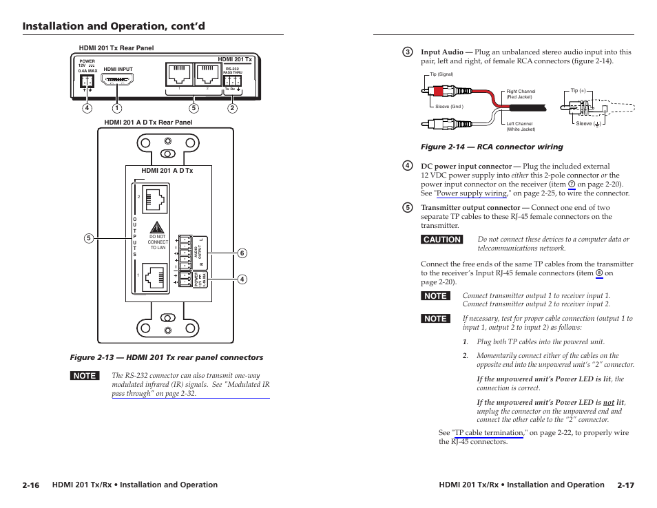 Installation and operation, cont’d | Extron electronic Digital Video Transmitter and Receiver HDMI 201 Tx/Rx User Manual | Page 16 / 28