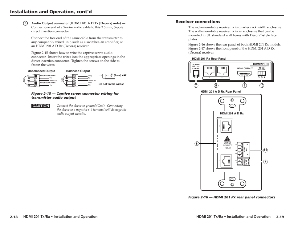 Receiver connections, Receiver connections -19, Installation and operation, cont’d | Hdmi 201 tx/rx • installation and operation | Extron electronic Digital Video Transmitter and Receiver HDMI 201 Tx/Rx User Manual | Page 17 / 28