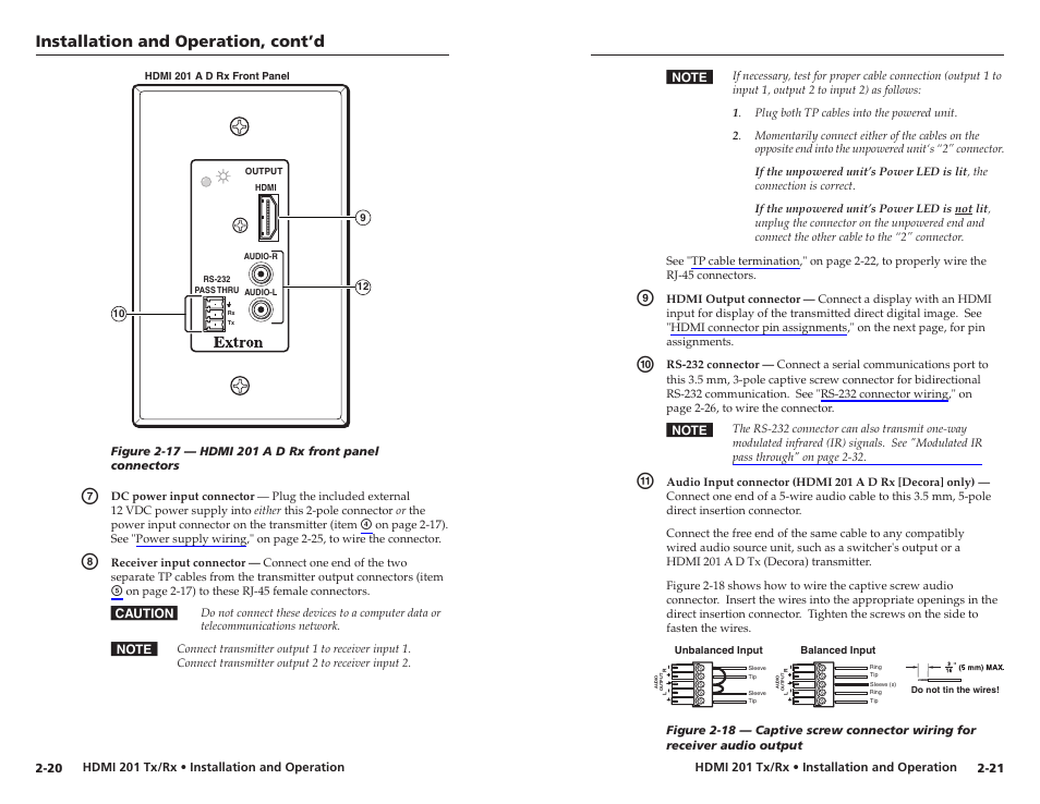 Installation and operation, cont’d | Extron electronic Digital Video Transmitter and Receiver HDMI 201 Tx/Rx User Manual | Page 18 / 28