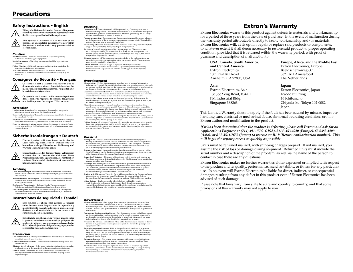 Precautions, Extron’s warranty, Instrucciones de seguridad • español | Extron electronic Digital Video Transmitter and Receiver HDMI 201 Tx/Rx User Manual | Page 2 / 28
