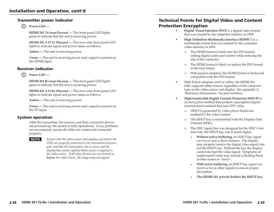 Transmitter power indicator, Receiver indicator, System operation | Installation and operation, cont’d | Extron electronic Digital Video Transmitter and Receiver HDMI 201 Tx/Rx User Manual | Page 22 / 28