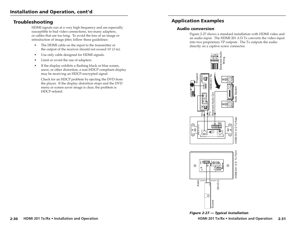 Troubleshooting, Application examples, Audio conversion | Audio conversion -31, Installation and operation, cont’d, Hdmi 201 tx/rx • installation and operation, Figure 2-27 — typical installation | Extron electronic Digital Video Transmitter and Receiver HDMI 201 Tx/Rx User Manual | Page 23 / 28