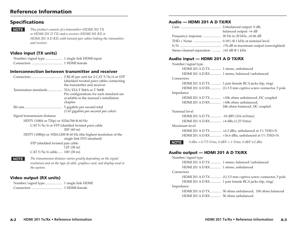 Specifications, Reference information | Extron electronic Digital Video Transmitter and Receiver HDMI 201 Tx/Rx User Manual | Page 25 / 28