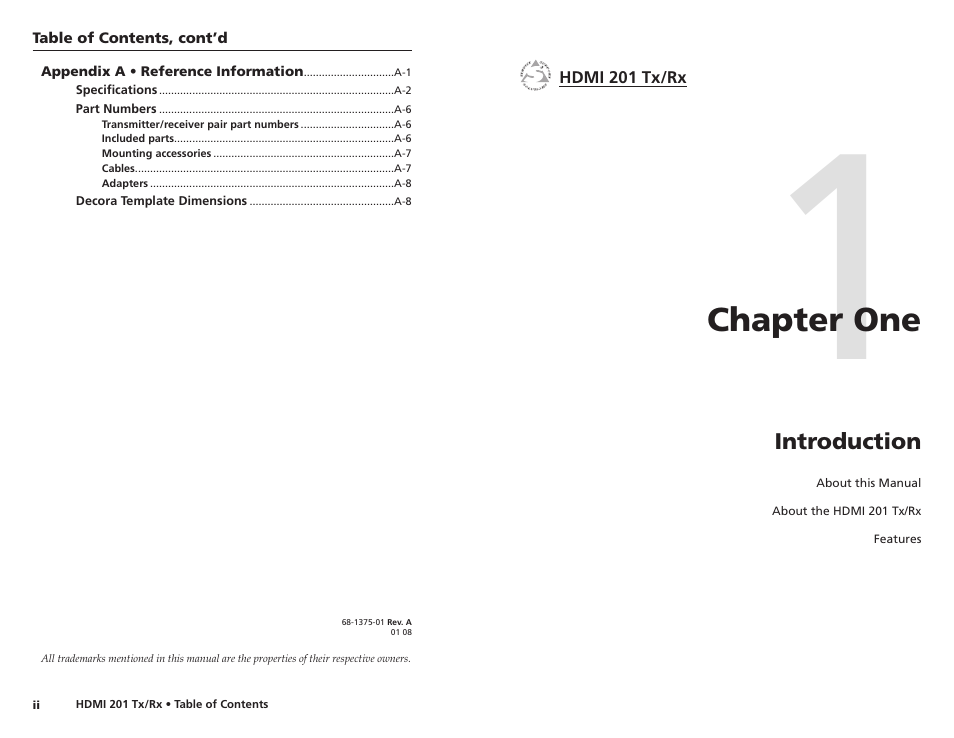 Chapter 1 • introduction, Chapter one, Introduction | Chapter one • introduction | Extron electronic Digital Video Transmitter and Receiver HDMI 201 Tx/Rx User Manual | Page 5 / 28