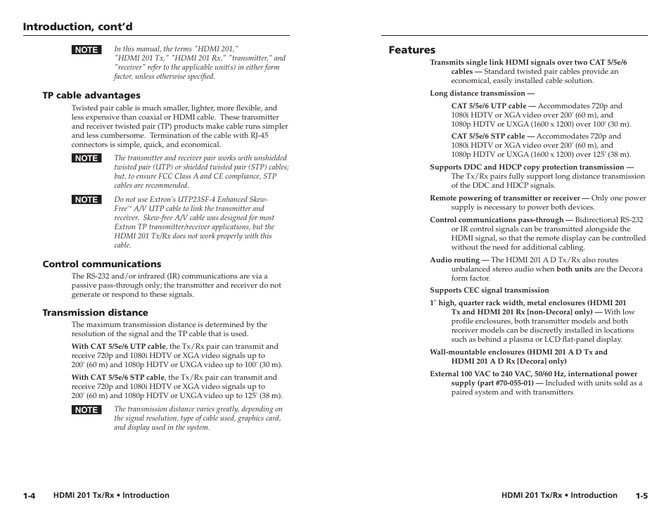 Tp cable advantages, Control communications, Transmission distance | Features, Introduction, cont’d | Extron electronic Digital Video Transmitter and Receiver HDMI 201 Tx/Rx User Manual | Page 7 / 28