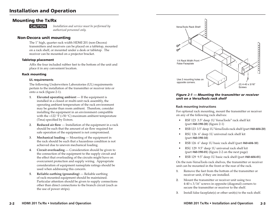 Mounting the tx/rx, Tabletop placement, Rack mounting | Tabletop placement -2 rack mounting -2, Installation and operation | Extron electronic Digital Video Transmitter and Receiver HDMI 201 Tx/Rx User Manual | Page 9 / 28