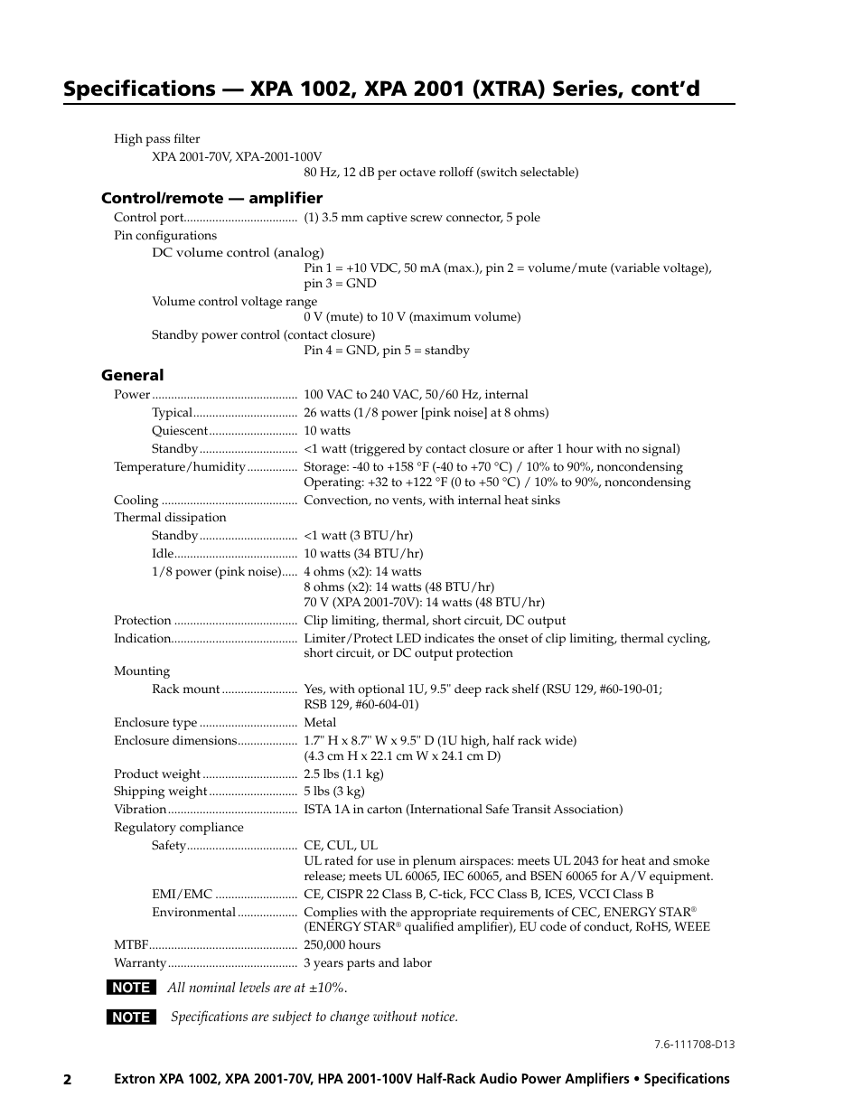 Extron electronic XPA 2001 (XTRA) Series User Manual | Page 2 / 2