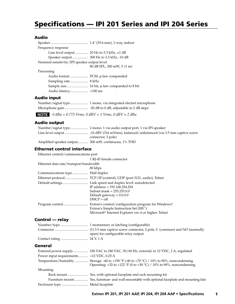 Extron electronic IPI 201 AAP User Manual | 2 pages