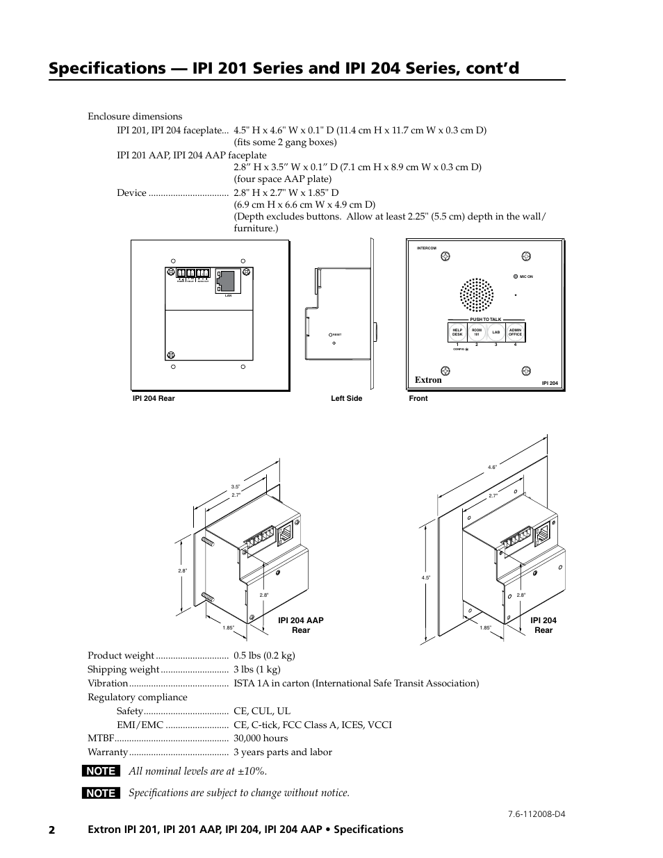Extron | Extron electronic IPI 201 AAP User Manual | Page 2 / 2