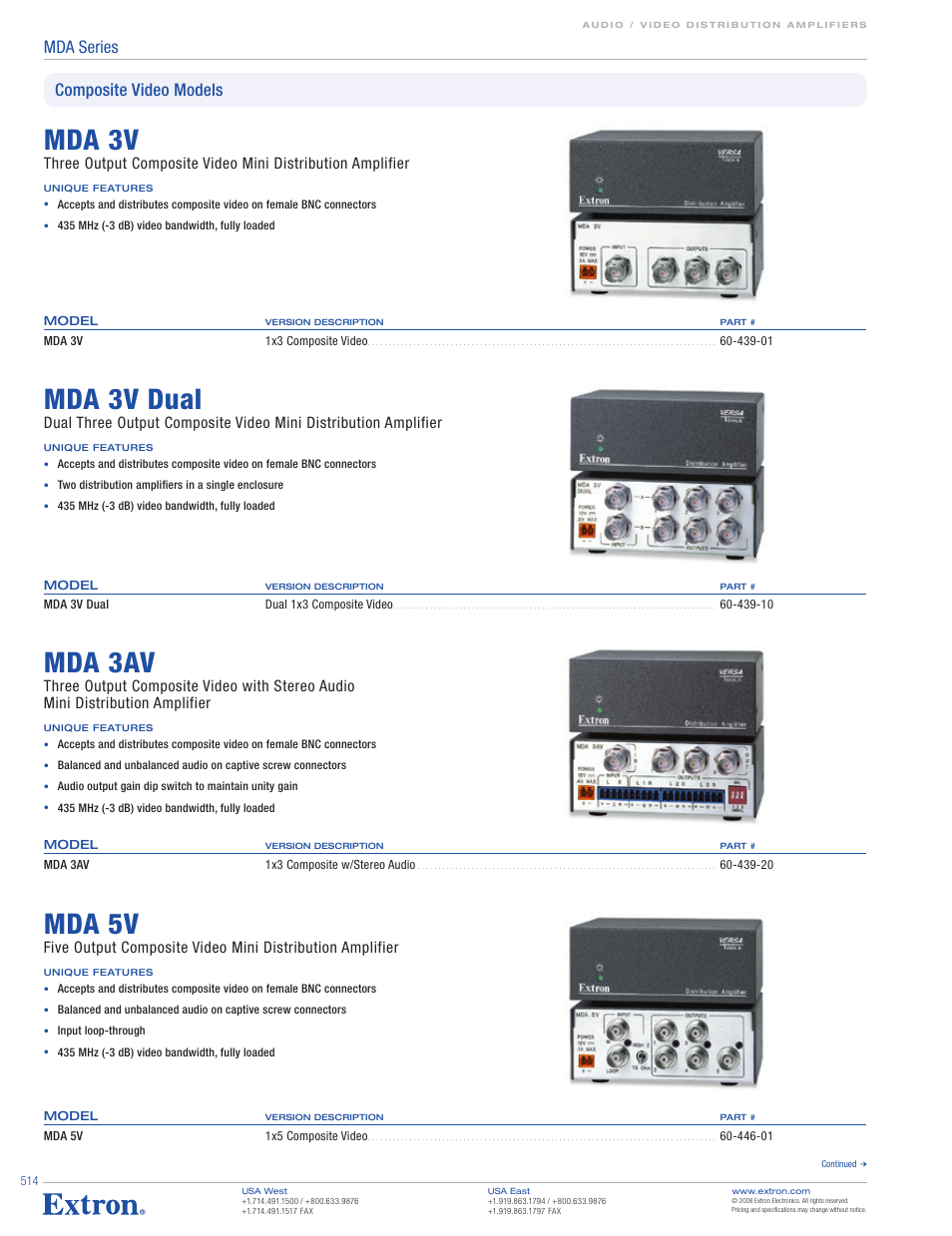 Mda 3v, Mda 3v dual, Mda 3av | Mda 5v, Mda series, Composite video models | Extron electronic MDA 3V Dual User Manual | Page 2 / 5