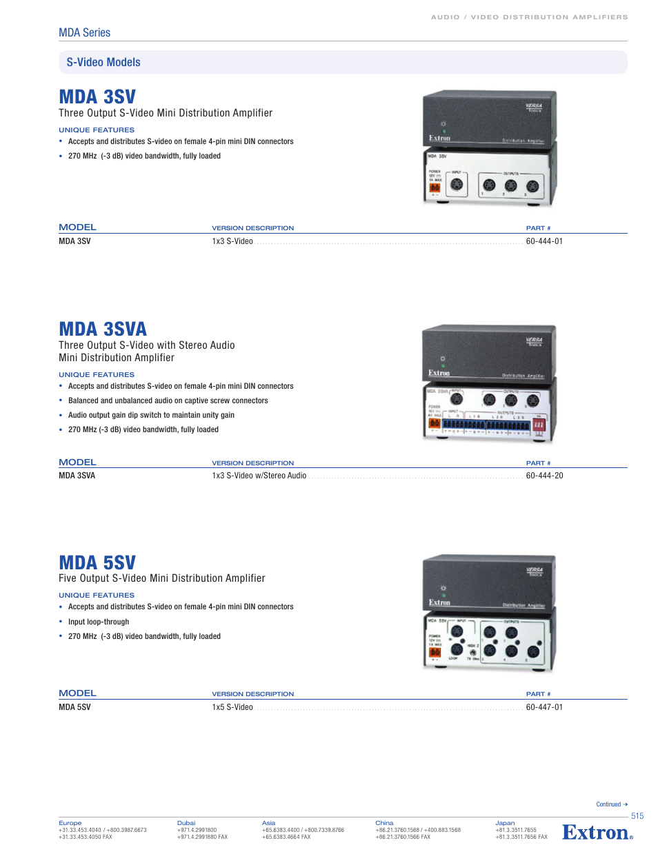 Mda 3sv, Mda 3sva, Mda 5sv | Mda series, S-video models, Three output s-video mini distribution amplifier, Five output s-video mini distribution amplifier | Extron electronic MDA 3V Dual User Manual | Page 3 / 5