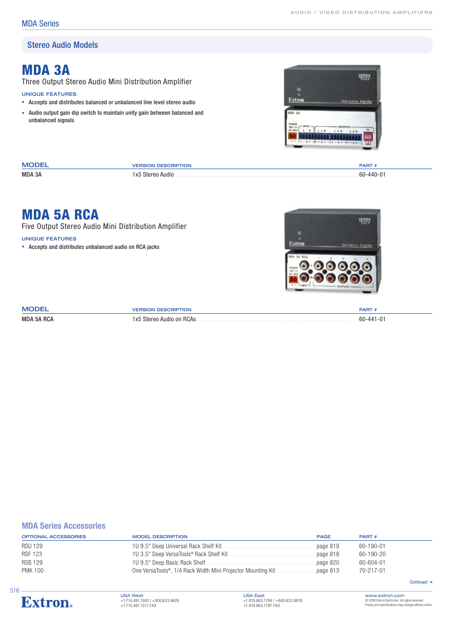 Mda 3a, Mda 5a rca, Mda series | Stereo audio models, Mda series accessories | Extron electronic MDA 3V Dual User Manual | Page 4 / 5