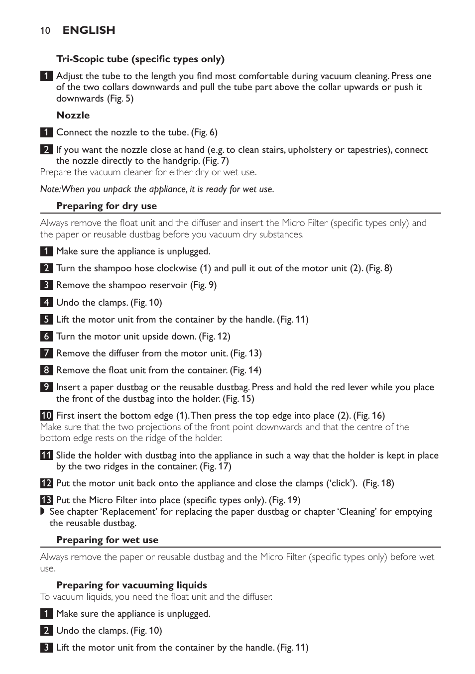 Tri-scopic tube (specific types only), Nozzle, Preparing for dry use | Preparing for wet use, Preparing for vacuuming liquids | Philips HR6835 User Manual | Page 10 / 178