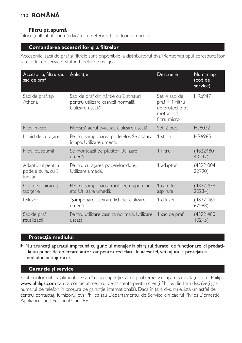 Filtru pt. spumă, Comandarea accesoriilor şi a filtrelor, Protecţia mediului | Garanţie şi service | Philips HR6835 User Manual | Page 110 / 178