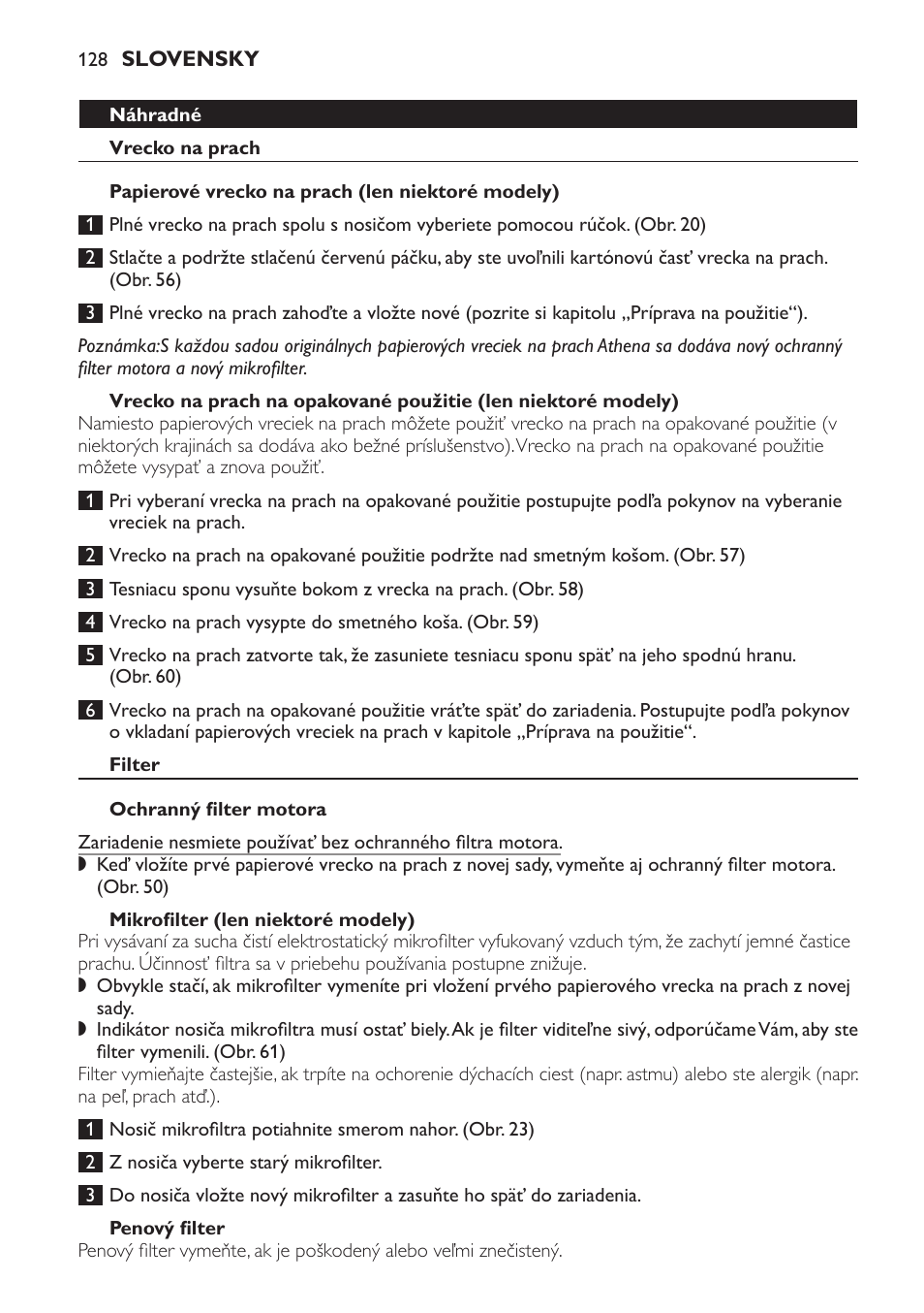 Filter, Ochranný filter motora, Mikrofilter (len niektoré modely) | Penový filter, Objednávanie príslušenstva a filtrov | Philips HR6835 User Manual | Page 128 / 178