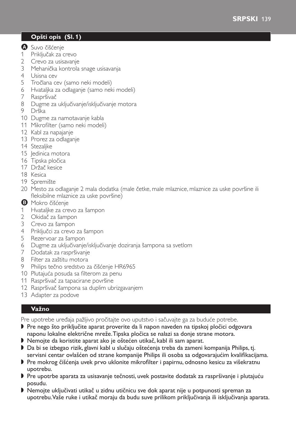 Srpski, Opšti opis ﻿ (sl. 1), Važno | Philips HR6835 User Manual | Page 139 / 178