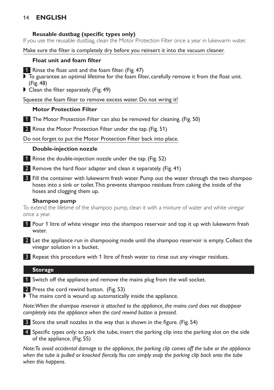 Float unit and foam filter, Motor protection filter, Double-injection nozzle | Shampoo pump, Storage, Replacement, Dustbag, Paper dustbag (specific types only) | Philips HR6835 User Manual | Page 14 / 178